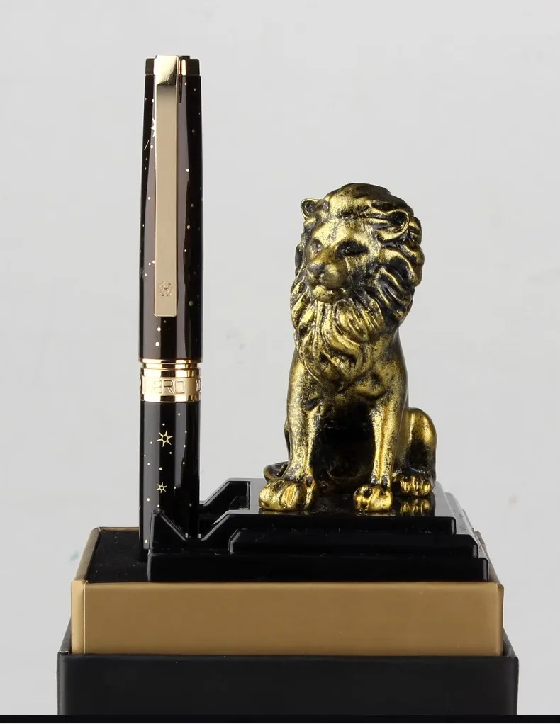 New Hero 8102 Bronze Lion Black & Golden Metal Fine Nib 0.5mm Fountain Pen & Roller Ball Pen Two-Head Gift Pen W/Gift Box