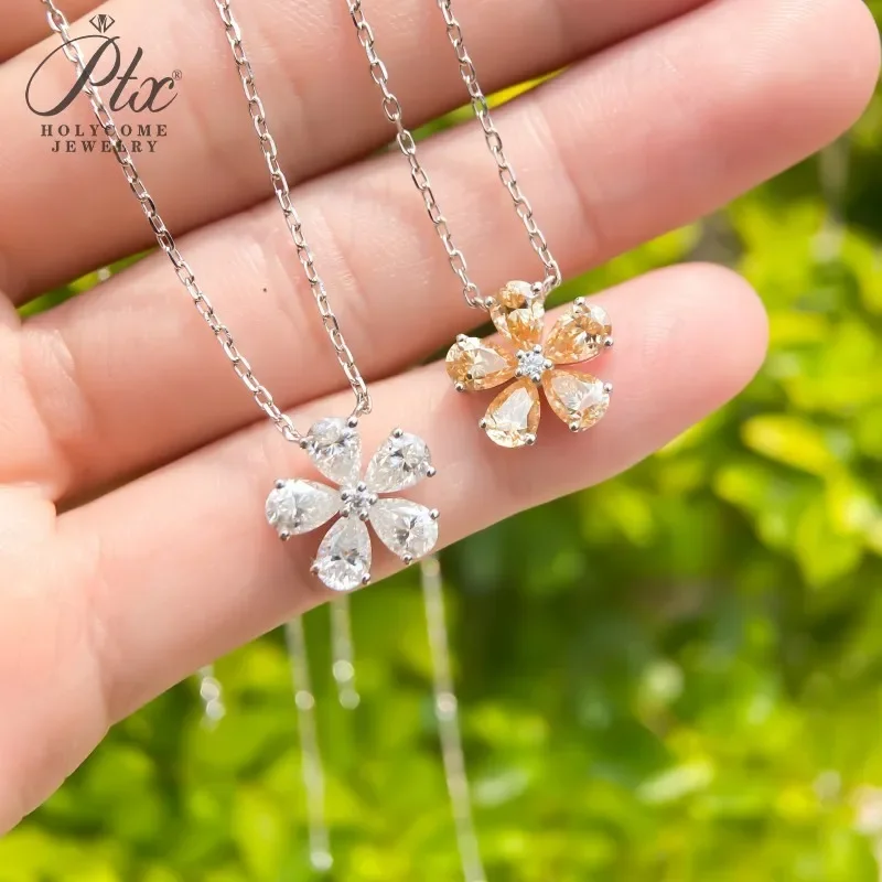 Halskette mit Fünfblättrigem Blumen-Anhänger, Moissanit-Diamant, 925 Sterling Silber Kette, Schmuck für Damen, Hypoallergen, Jubiläumsgeschenk – Detail 4