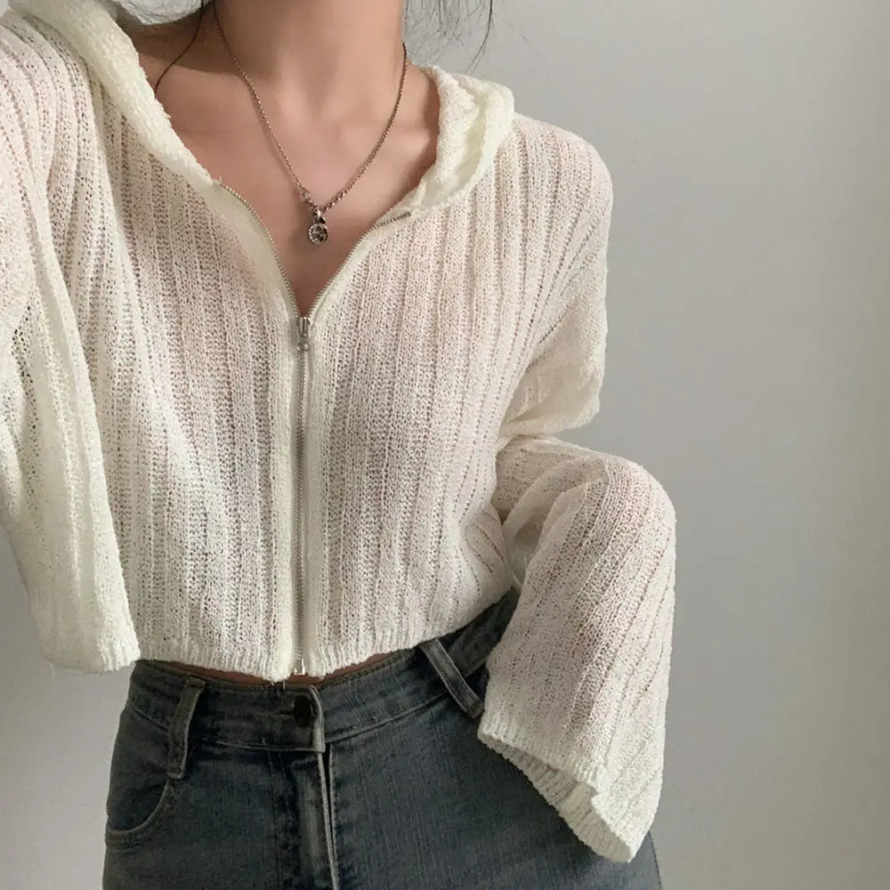 Spicy Girl Style Texture Short Sleeved Zipper Hooded Knitted Sweater Cardigan Jacket for Women