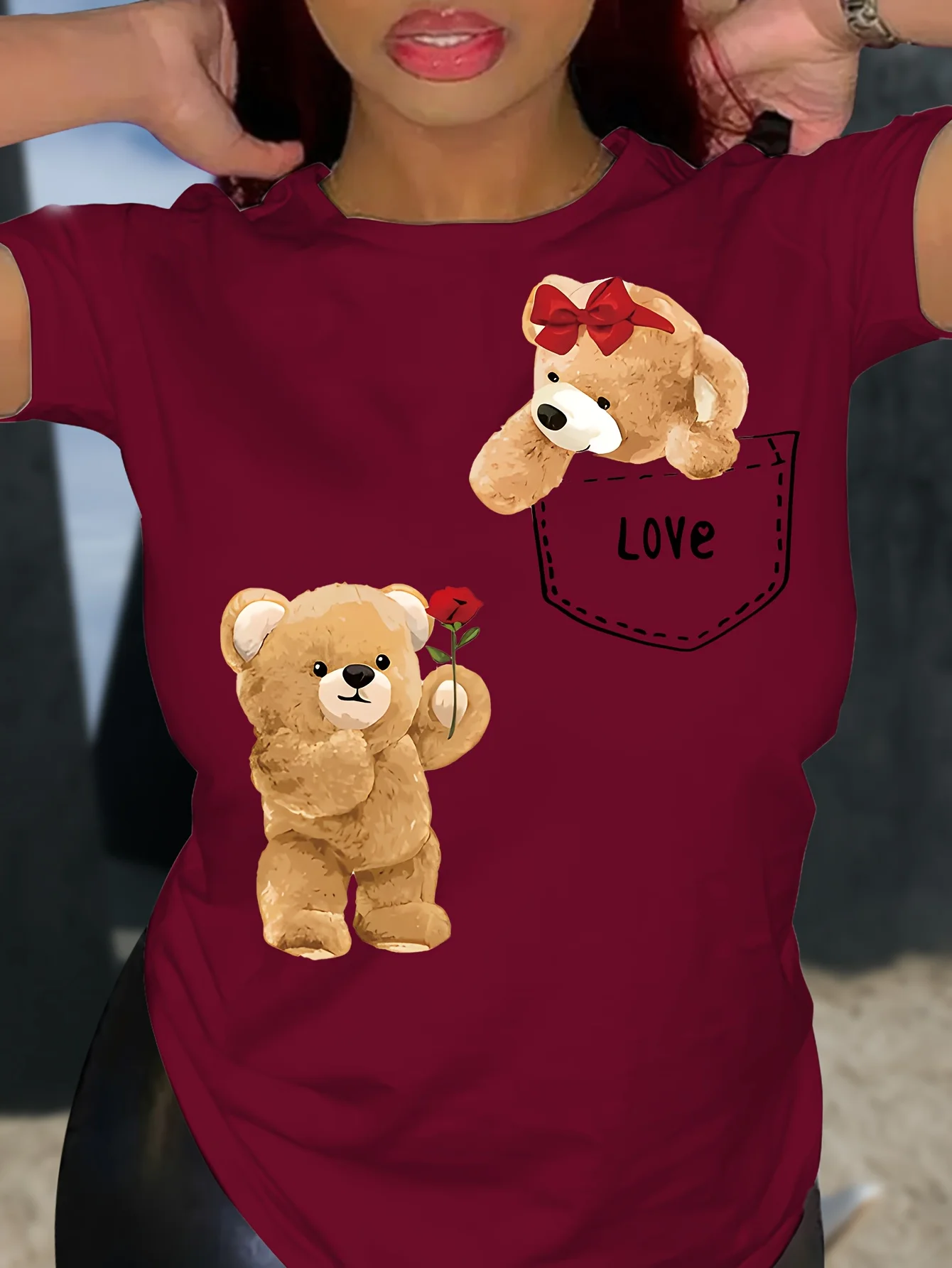 Cute Bear Print T-shirt Short Sleeve Crew Neck Casual Top for Summer & Spring Women\'s Clothing Casual Female Clothing