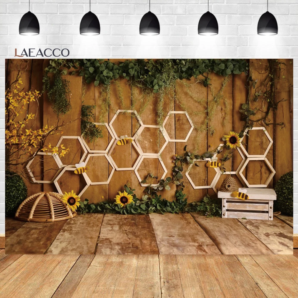 

Laeacco Rustic Wood Bee Sunflower Honeycomb Birthday Background Baby Shower Interior Portrait Customized Photography Background