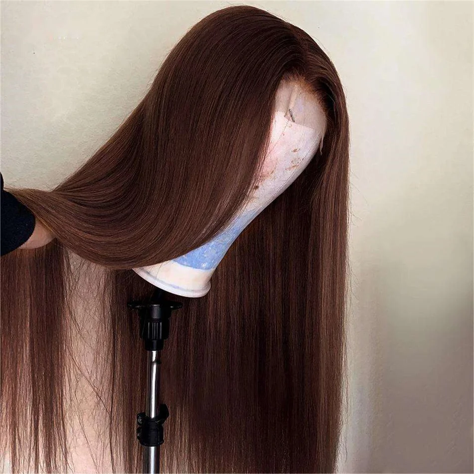 Perruque Lace Front Wig naturelle lisse brun chocolat, 13x4, 13x6, pre-plucked, transparente HD, 30 38 pouces, pour femmes