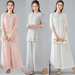 Summer Tea Artist Clothing Zen Women Cotton and Linen Two-piece Suit Retro Chinese Style Buddhist Clothes Female