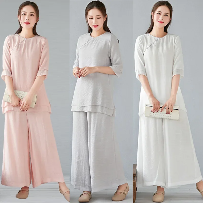 Summer Tea Artist Clothing Zen Women Cotton and Linen Two-piece Suit Retro Chinese Style Buddhist Clothes Female