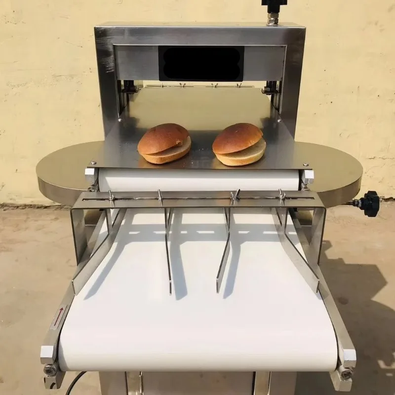 Customized Automatic Burger Bun Slicing Machine SUS304 Commercial Bakery Horizontal Bread Cutting Equipment