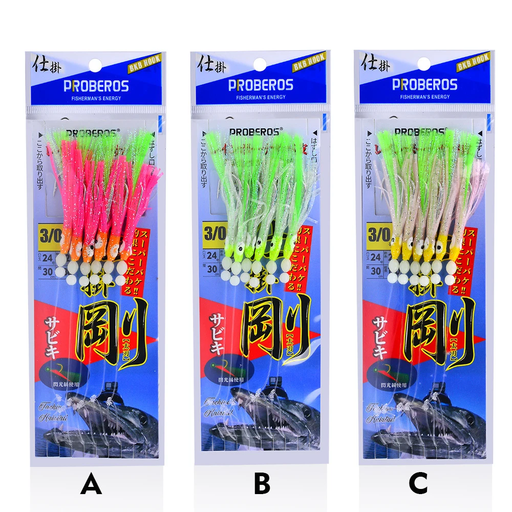 3 Sets 6-Hooks Octopus Mackerel Feathers Sabiki Bait Rigs with String Lures Luminous Marathon Rigs Fishing Lure Set