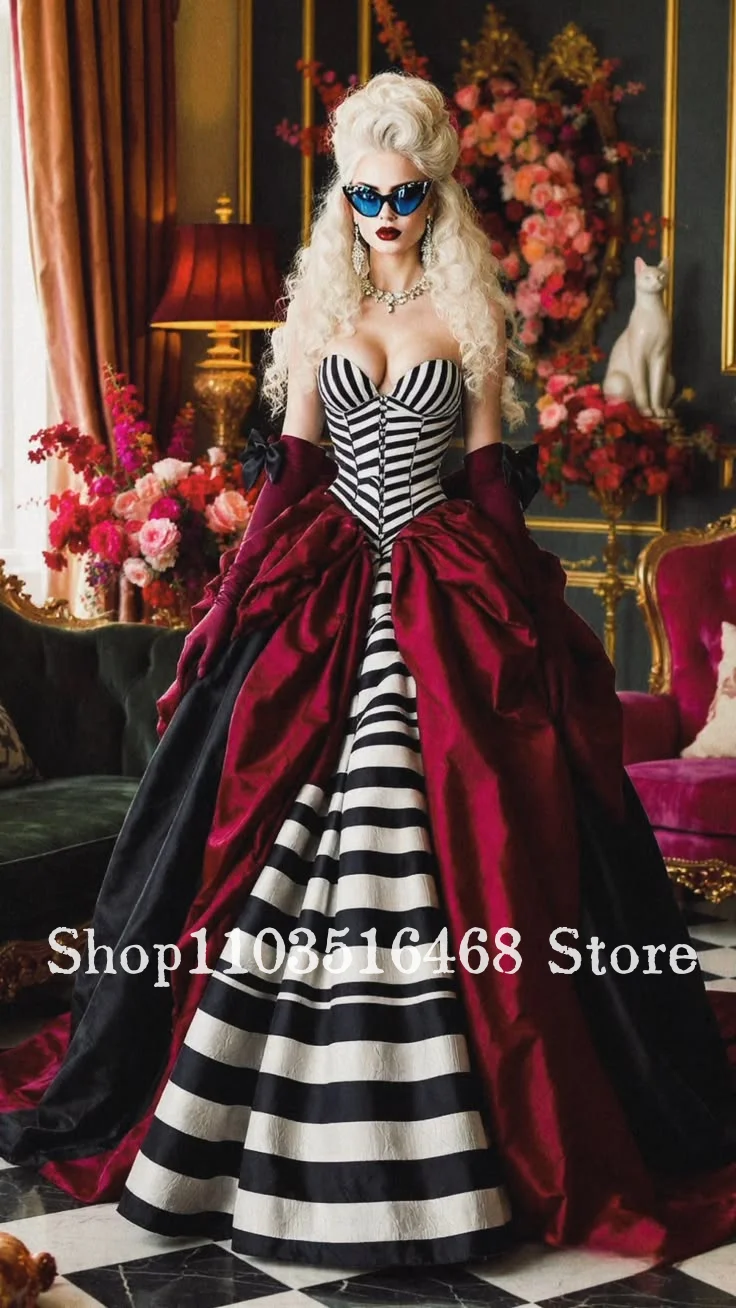 Striped Strapless Victorian Ball Gown Customized Gown Special Occasion Parties Masquerade Gown Halloween Costume Alice in Wonder