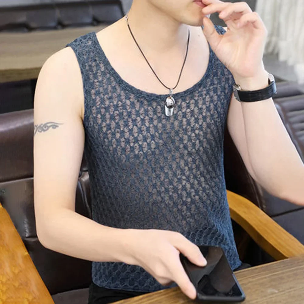 Mens Vest Mesh Ice Silk Plaid Hollow Breathable Quick-Drying Translucent Alluring Sleeveless Top Slim Fit Trendy Cloths Summer
