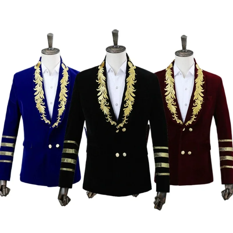 

2025 Korean Version Flat Velveteen Embroidered Blazer for Men, Military Dress,host Singer Nightclub Studio Photo Portrait Jacket
