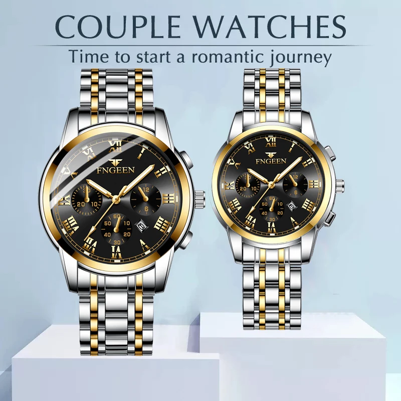 Fashion Couple Watches for Men Women Stainless Steel Quartz Watches Top Brand Luxury Clock Wristwatch Couple Items for Lovers