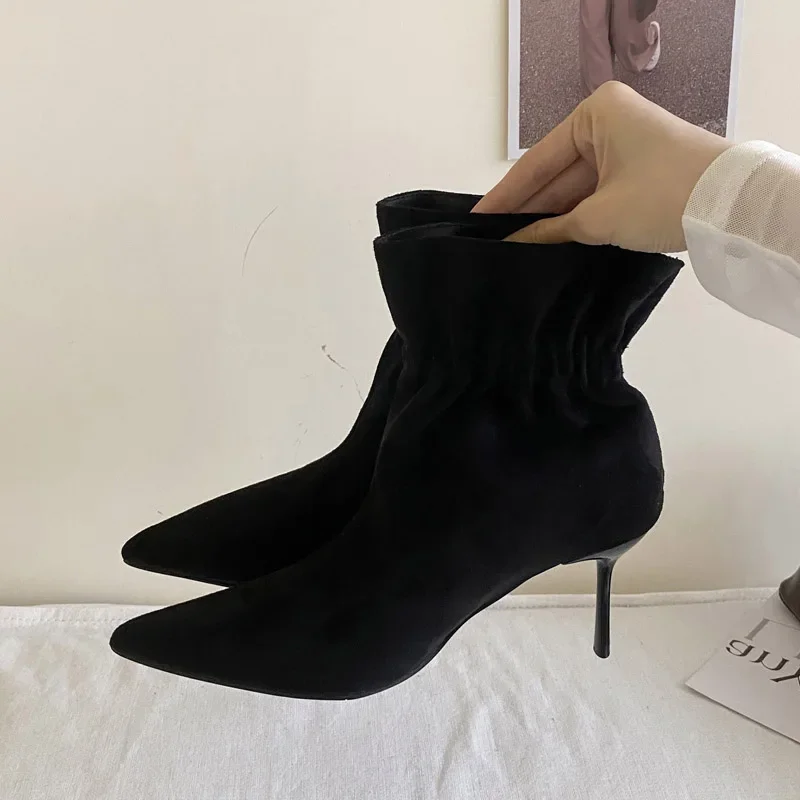 Aneikeh موضة التجاعيد حذاء من الجلد نمط الشارع رقيقة عالية الكعب امرأة مصمم شريط مرن أشار تو متجرد أحذية الحفلة الراقصة