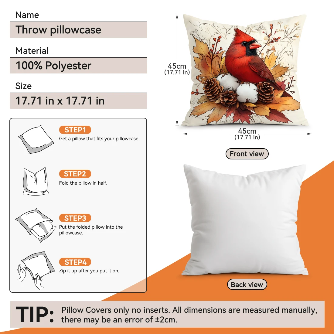 1pcs Autumn Red Sparrow Maple Leaf Pillowcase Square Bedroom Cushion Covers Zipper Living Soft Home  Decor 45x45cm