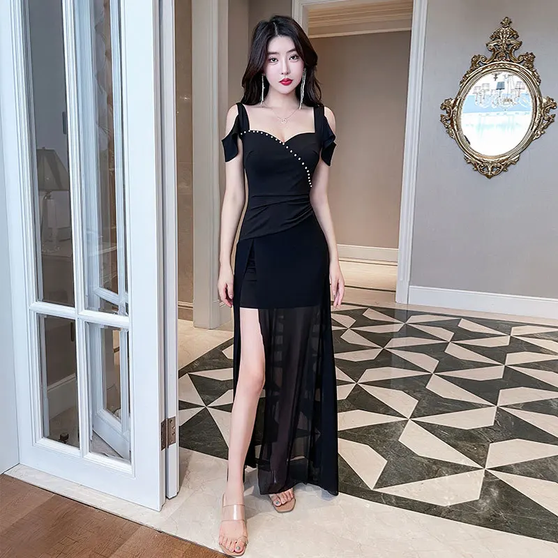 #4997 Black Purple Off Shoulder Dress Backless Sexy Split Joint Irregular Dresses Woman Party Night Slim Thin False Two Piece