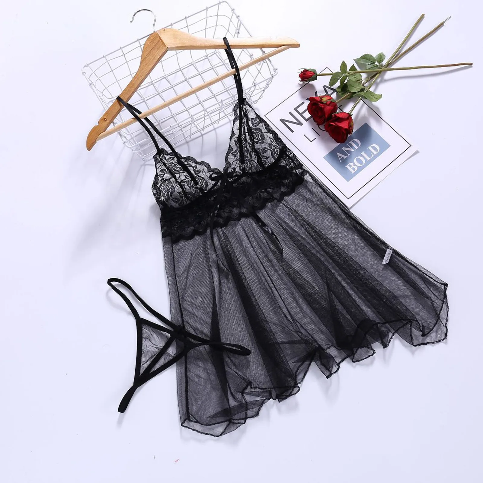 Sexy Low Cut Breast Mesh See Through Lace Lingerie Sleepwear Exotic Dress Female Underwear Nightgown T-String Pajamas Garter