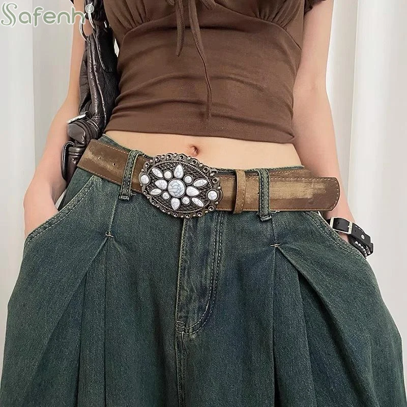 Vintage White Stone Buckle Belt Engraved Flower Belt Embossed Leather Belt Boho Western Belt Jeans Belt