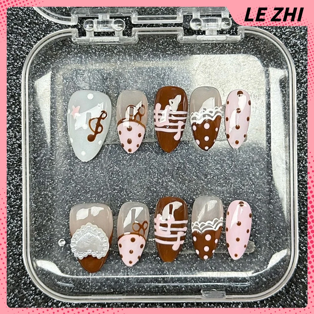 Dulce fresco hecho a mano elipse corta prensa en uñas dibujos animados Rilakkuma estrella brillante diamante Bowknot alas notas musicales uñas postizas