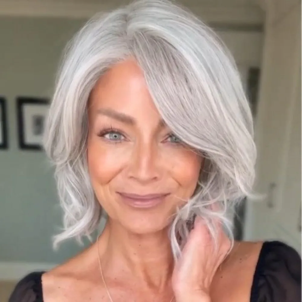 Synthetic Short White Silver Wigs for Women Ombre Grey Wavy Bob Wig Synthetic Hair for Women