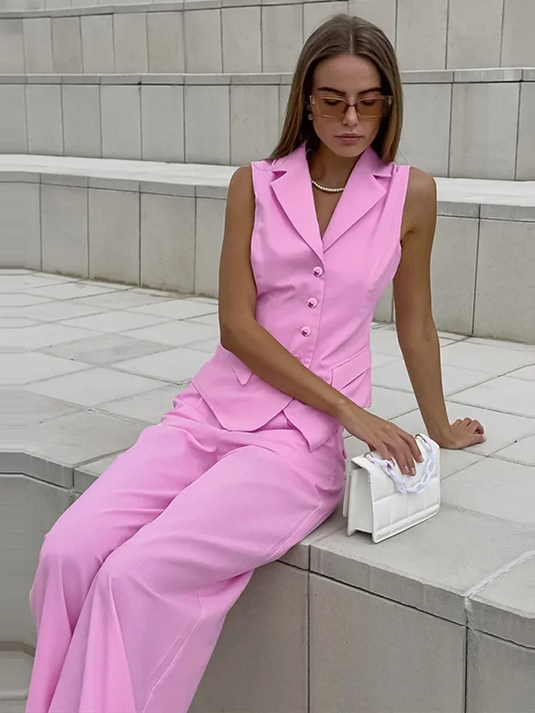

Pink Lapel Single Breasted Vest Women Set Casual Solid Sleeveless Top Wide Leg Pleated Trousers Spring Summer Lady Outfit