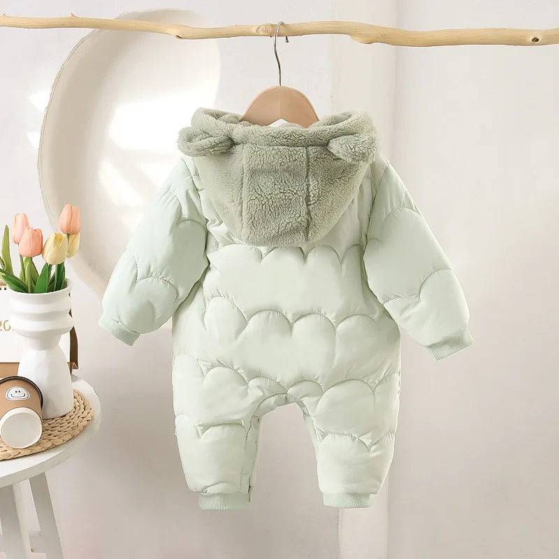 Newborn Baby Boy Girl Fleece Inside Bear Ear Hooded Cotton Padded Romper Infant Solid Long Sleeve Jumpsuit Winter Clothes 3-18M