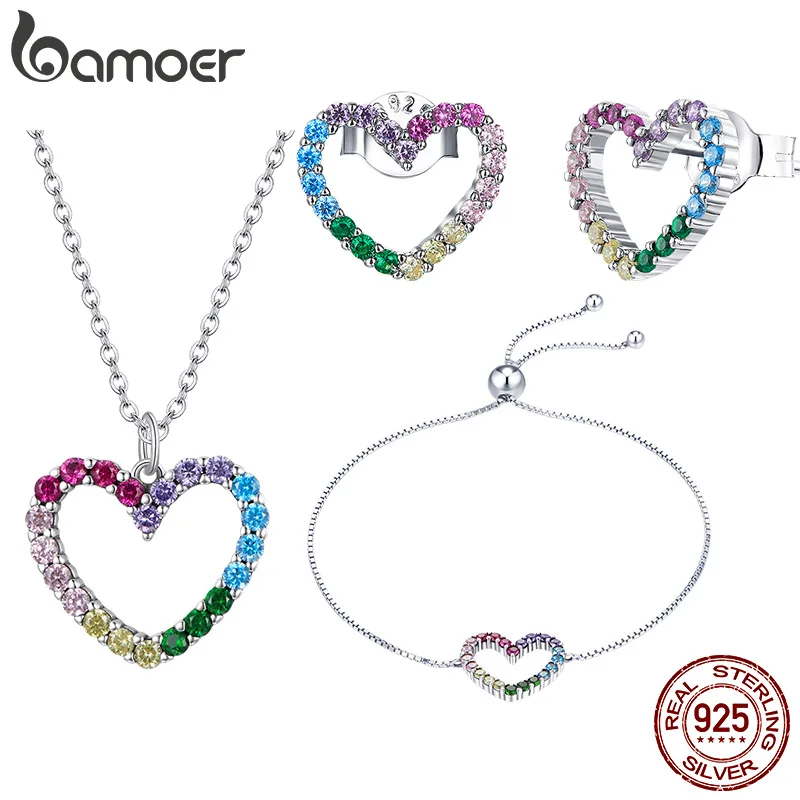

bamoer 925 Sterling Silver Rainbow Colorful Heart Pattern Love Zircon Adjustable Necklace Bracelet Earrings Jewelry Set