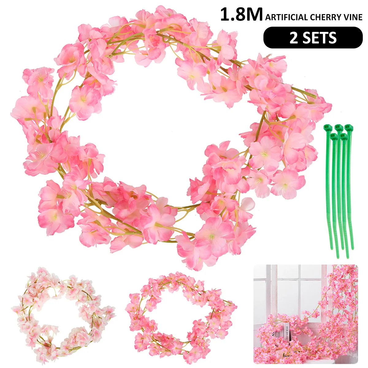 

1.8M Artificial Cherry Blossom 2pcs Wall Hanging Cherry Vine String Fake Cherry Rattan with 135 Flowers Realistic Silk Floral