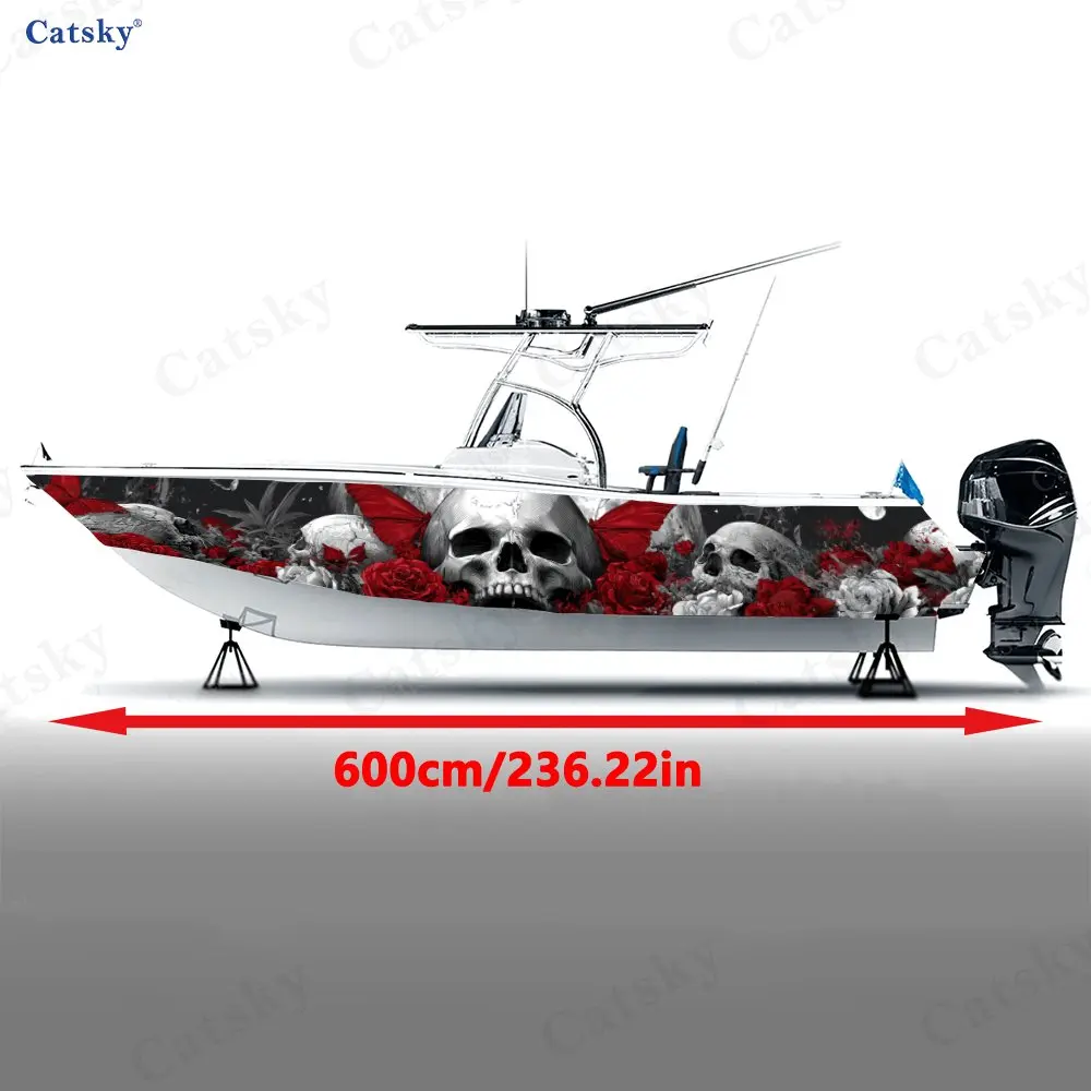 2Pcs Red Butterfly & Rose Skull Boat Stickers, PVC Waterproof Vinyl Wrap Decals for Fishing Boats, Durable and Stylish Design