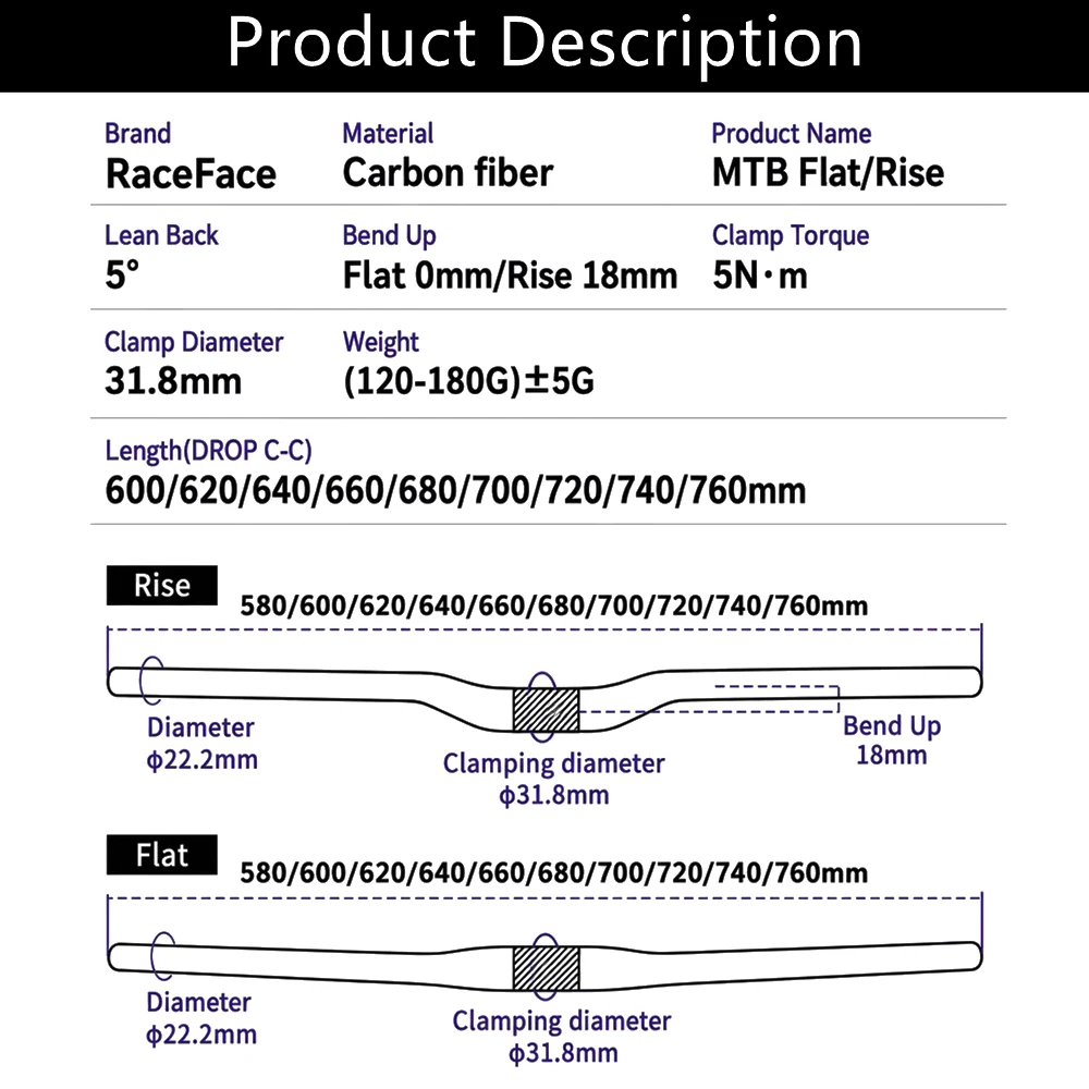 RaceFace Next Handlebar 31.8mm Glossy 3K Carbon Fiber Bike Handlebars MTB Bicycle Handle Bar Rise/Flat Bar Width 580mm - 760mm