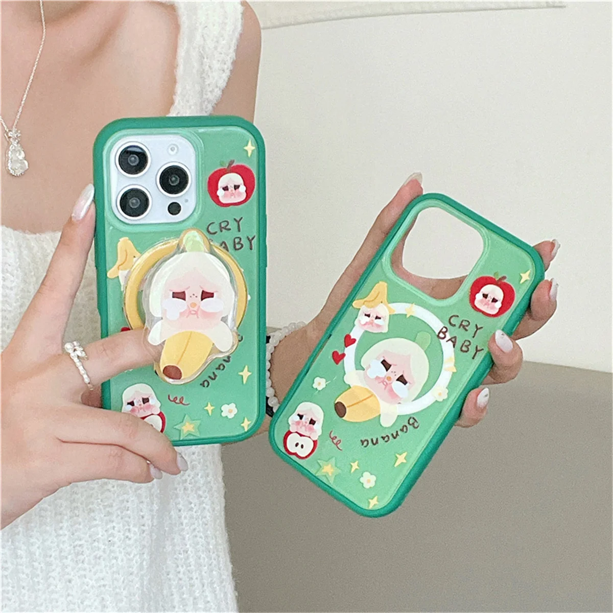 

Fashion Green Banana Girl Magentic Phone Cover For iPhone 16 Pro 15 14 Pro Max Case with Stand Holder Cute Cases Funda