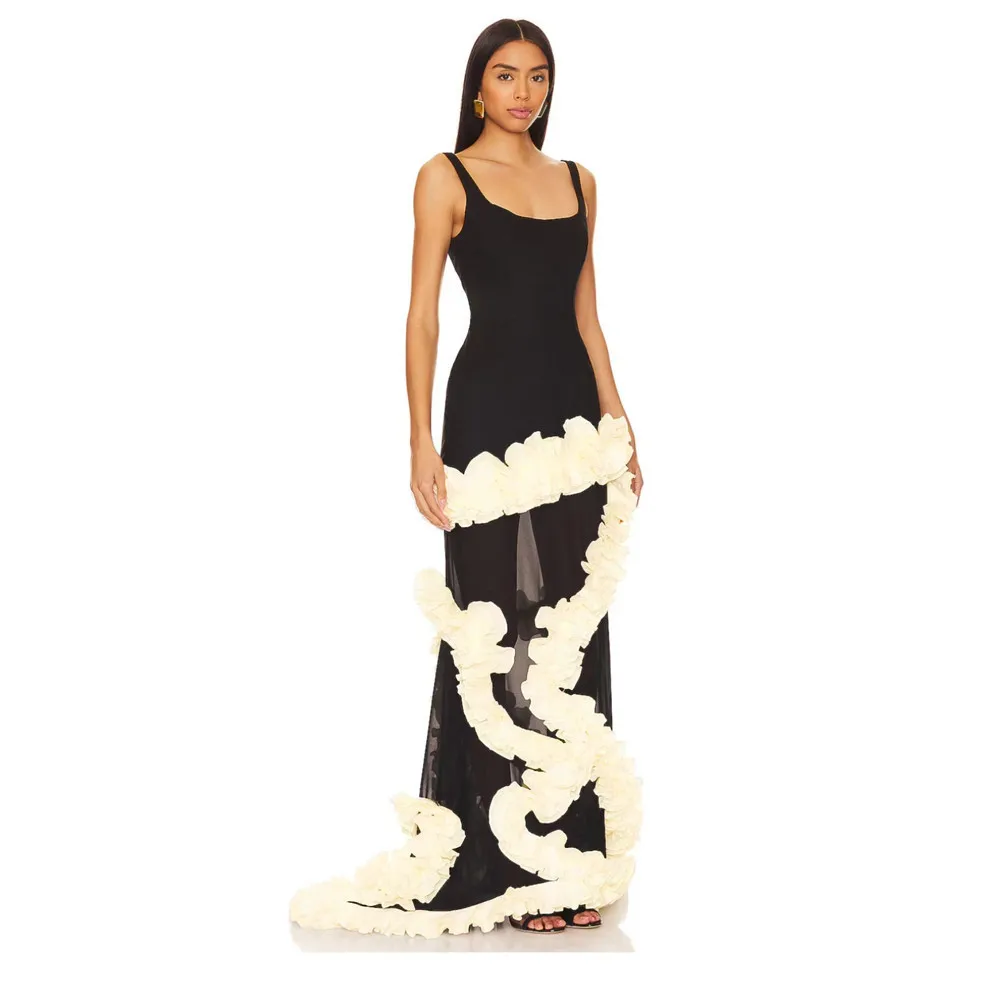 

New Spring Summer Irregular Hem Lace Trim Skirt Dress Polyester Fabric Sleeveless Slim Fit Style Midi Dress for Women