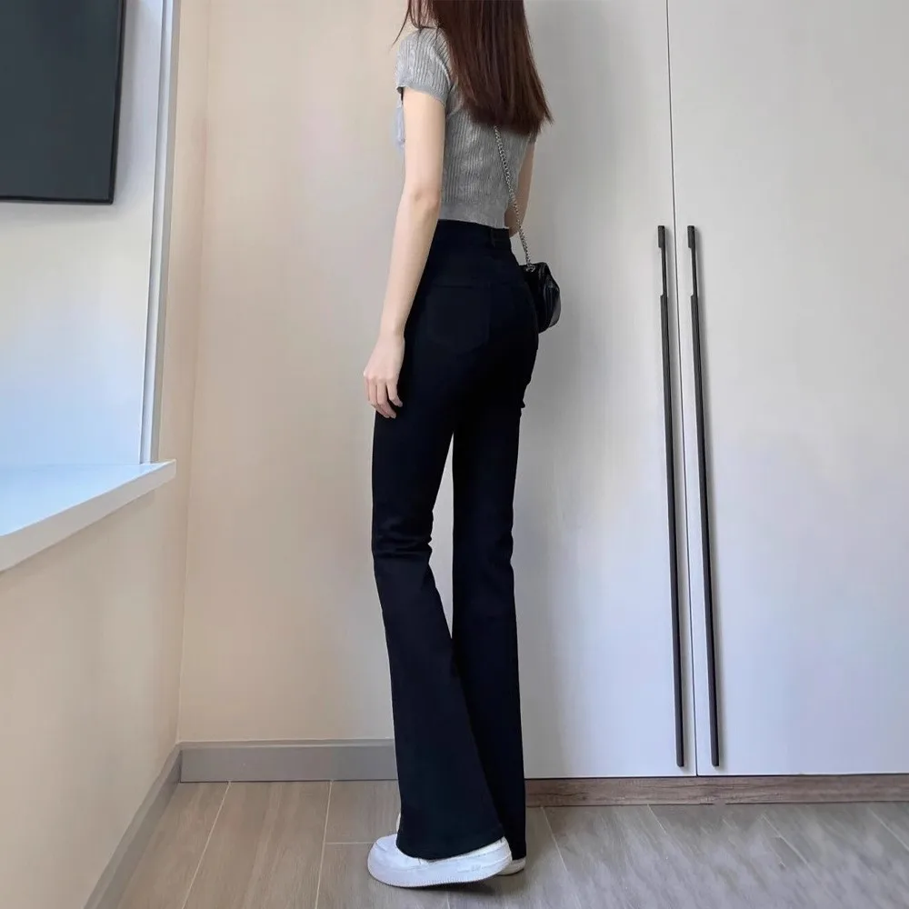 Black High Waist Bell Bottom Jeans Women's Spring Summer Slimming Bootcut Pants Small Size  Hoof Long Trousers