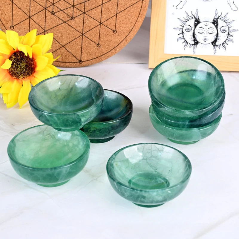 

Hand Carved Polished Mini Natural Green Rainbow Fluorite Quartz Crystal Stone Charging Bowl Arts Crafts Home Desk Decoration