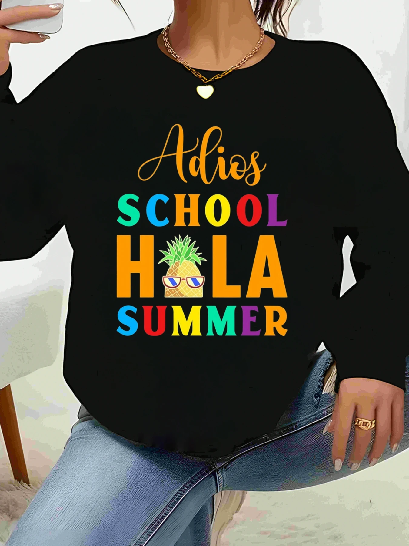 

Goodbye School Hello Summer Футболка с длинными рукавами и принтом ананаса Конец школьного сезона Повседневная одежда Женский модный топ