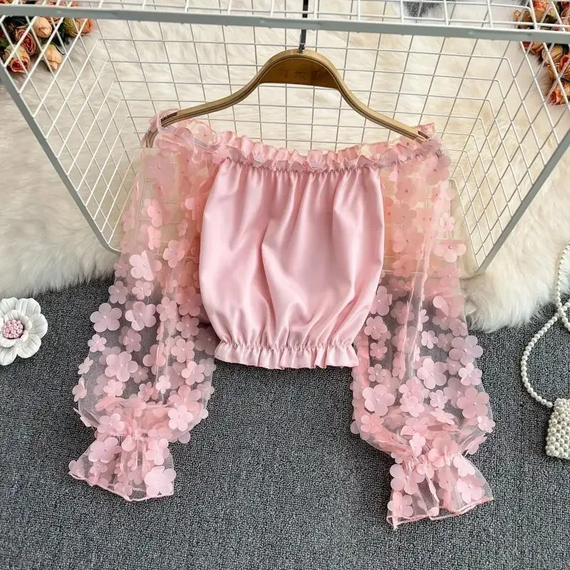 Women Blouse Flower Mesh Pleated Neckline Fashion Shirt Spring Summer French Chic Retro Shirts Ladies Back Zipper Gothic Top
