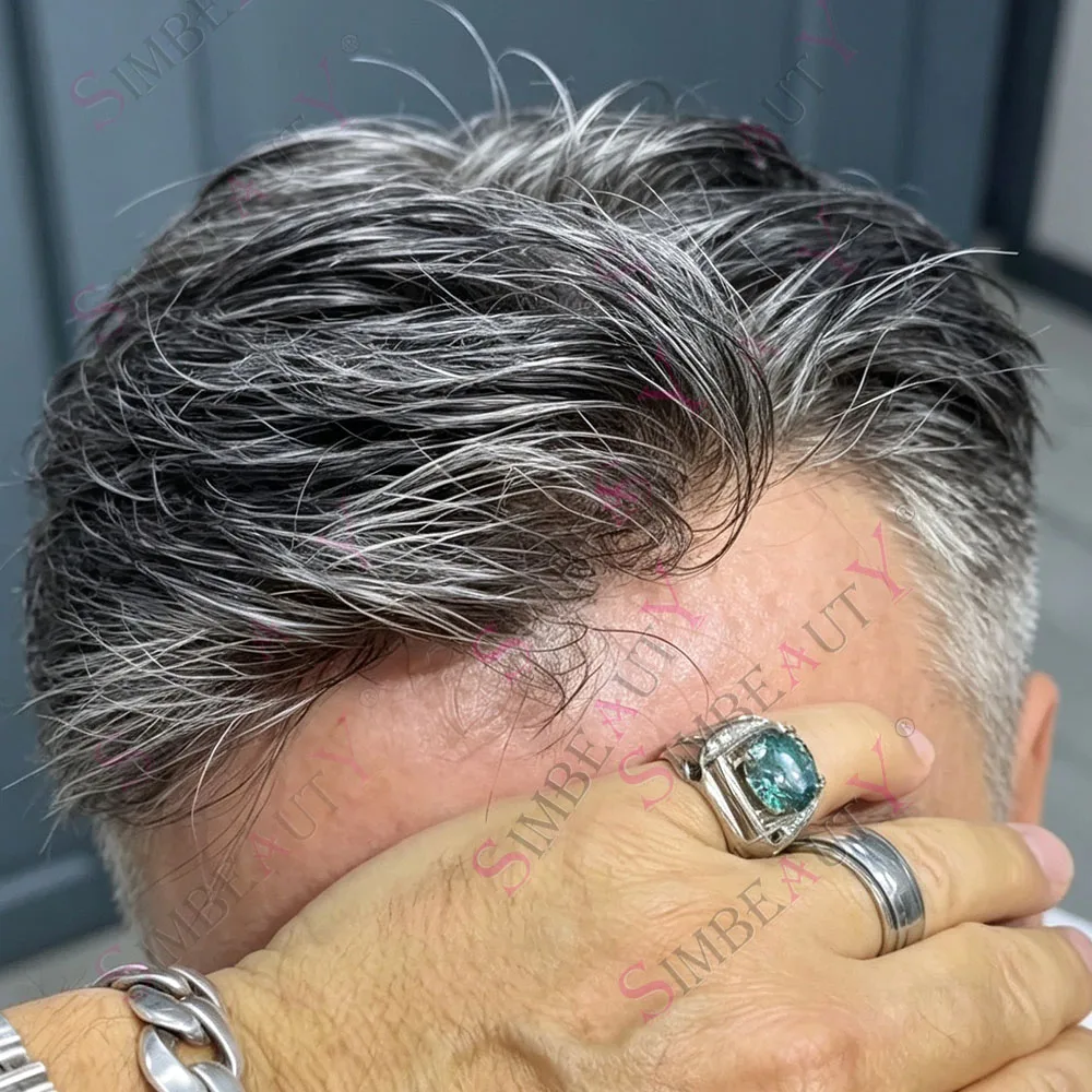 Men's 1b65 1b80 Soft Human Hair Toupee Non-Surgical Hair Loss Solution Durable Skin Grey Black Brown Hair Replacement Wigfor Men