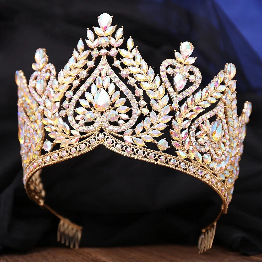 Exquisite AB Color Crystal Tiaras for Brides Diadem Princess Crown Combs Headwear Wedding Dress Hair Jewelry Pageant Headdress