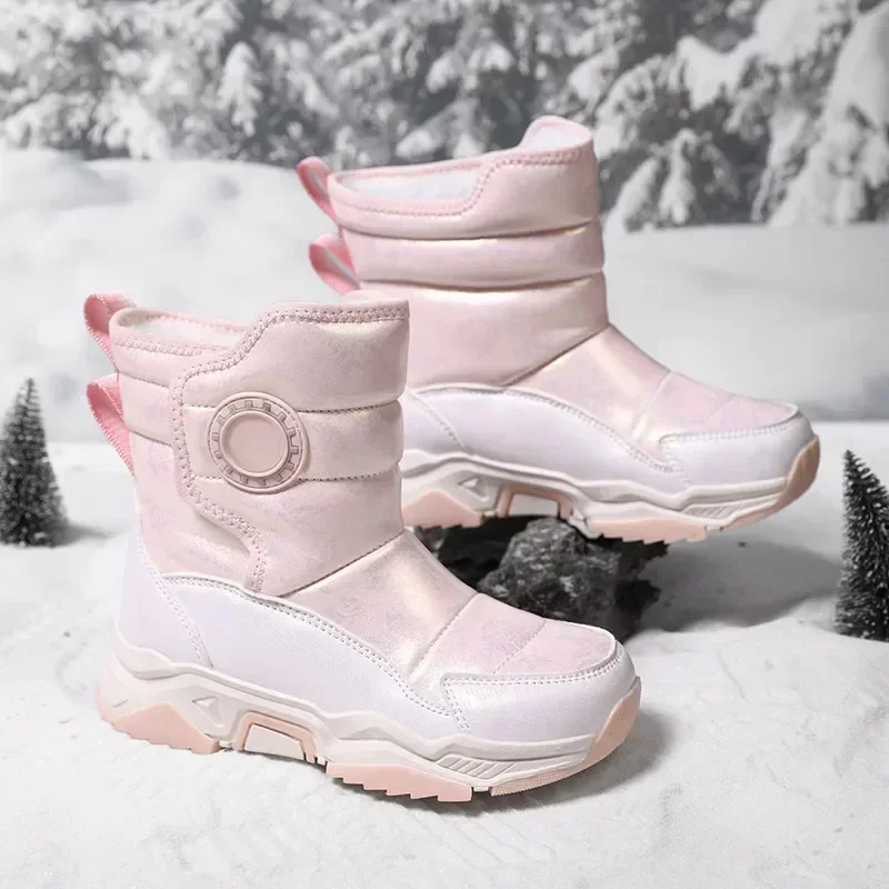 Botas de nieve para niñas, zapatos de invierno de 5-10 años para niños pequeños, zapatos cálidos de piel, botines con plataforma de moda de felpa impermeables 5568