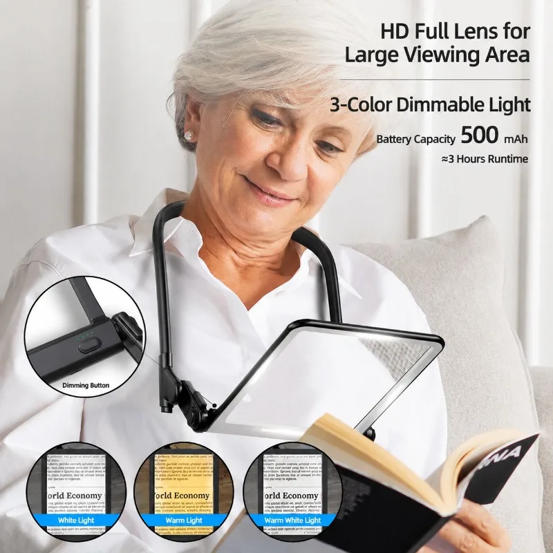 5X Magnifying Glass with Light Rechargeable Handheld Desk Clamp Neck Hanging Reading Lamp for Seniors Repair Tool, 2 in 1 LED