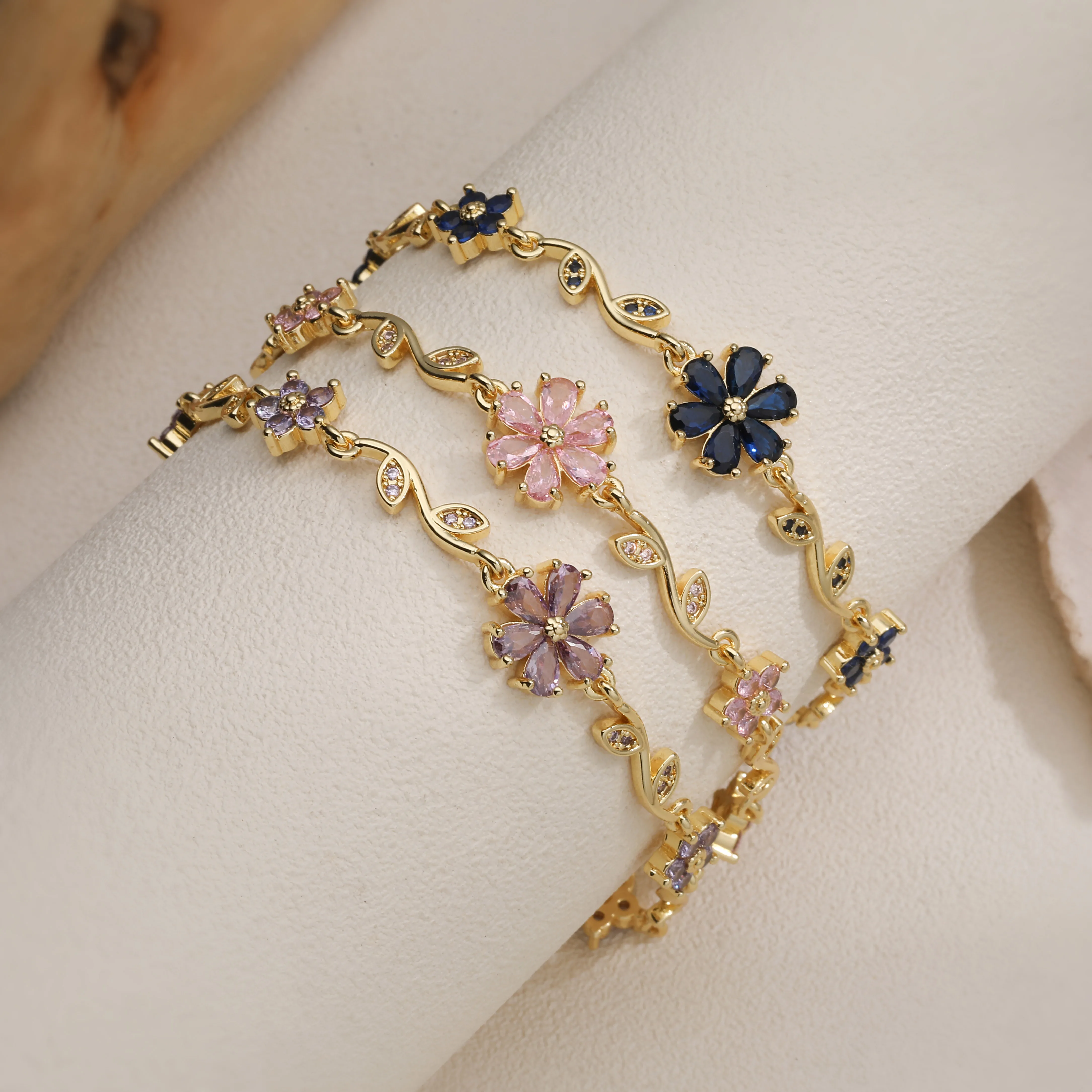18K Gold Plated Brass Luxury Multi-Coloured CZ Floral Bracelet Korean Sweetheart Crystal Adjustable Jewellery Gift 1 PC