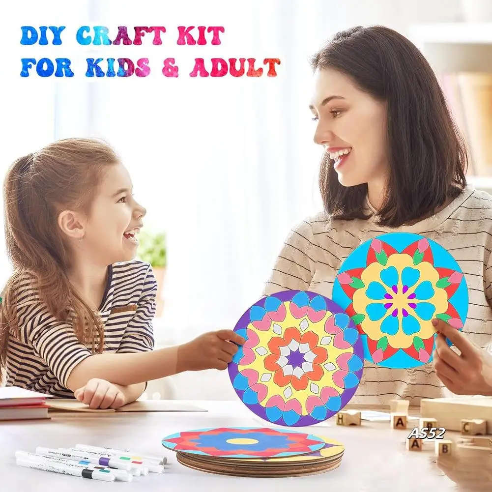 

22 шт. деревянный набор для рисования мандалы, 10 незаконченных вырезов по дереву с 12 маркерами для поделок, ломтики дерева мандалы