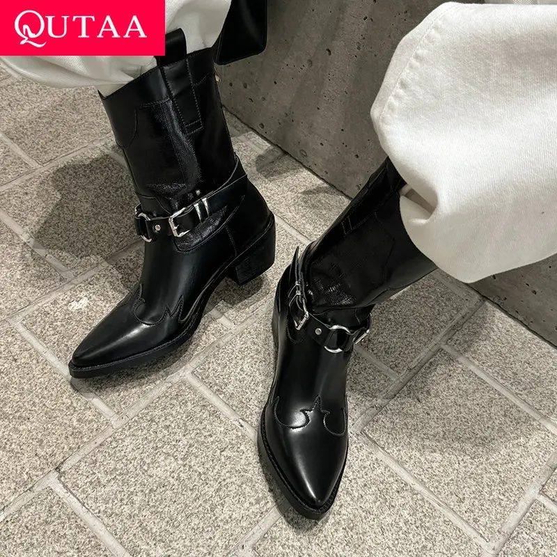 QUTAA 2024 News Women Ankle Boots Cowboy Autumn Genuine Leather Winter Cowgirl Chunky heel High Heels Black Shoes Rozmiar 34-39