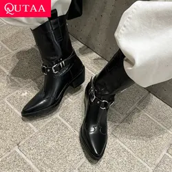 QUTAA 2024 News Women Ankle Boots Cowboy Autumn Genuine Leather Winter Cowgirl Chunky heel High Heels Black Shoes Rozmiar 34-39