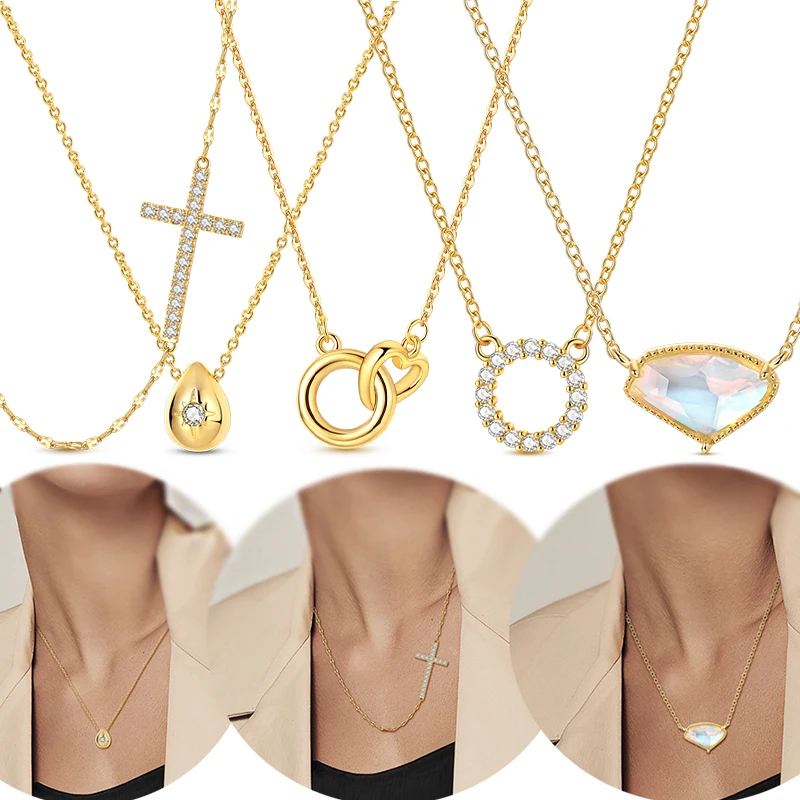 

925 Sterling Silver Golden Necklace Love Sun Moon Zircon Pendant Necklace for Women Fashion Anniversary Birthday Jewelry Gifts