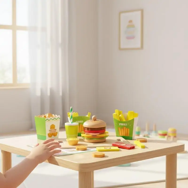 Juego de Hamburguesas de Madera Montessori, Juguete Educativo de Comida para Niños, Juego de Imitación para el Aprendizaje Temprano