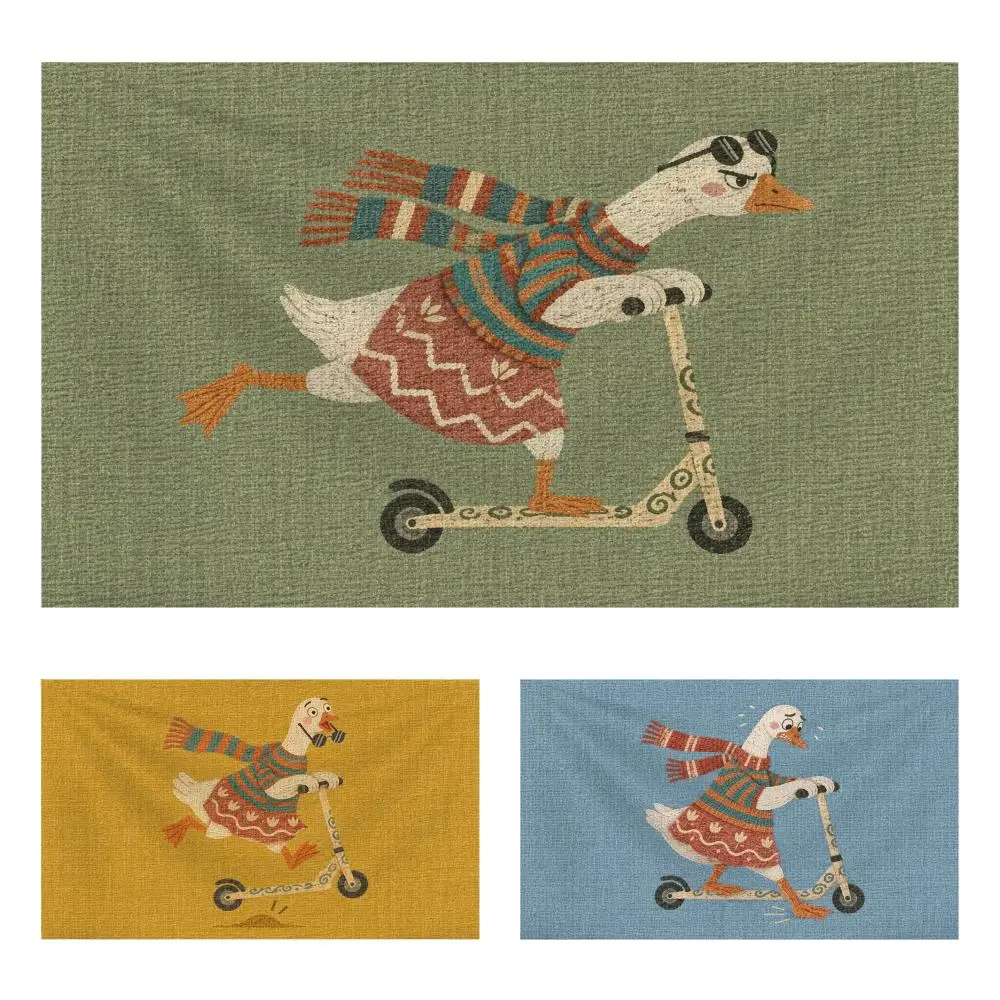 Whimsical Goose Scooter Tapestry Durable Soft Microfiber Horizontal Wall Hanging Decor For Bedroom Patio Garden Parties