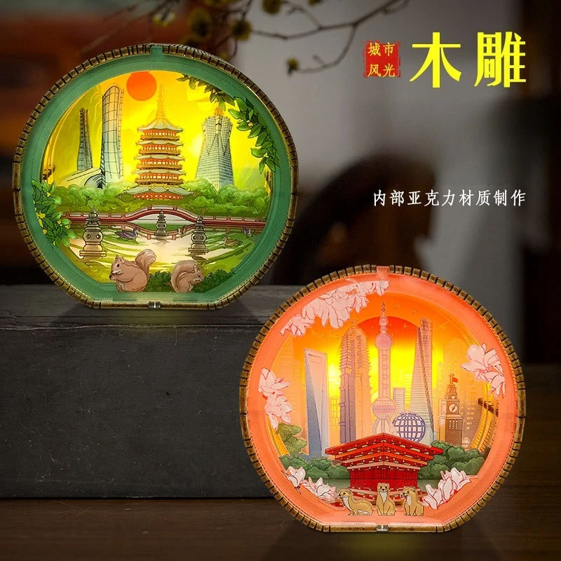 Chinese City Scenery,Home Decor,Paper Carving Wood Carving Lamp,Handmade Assembled Desktop Ornaments,Bedroom Decor Ornaments
