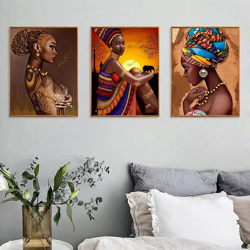 African Woman Canvas Painting Beautiful Black Women Wall Art Poster Modern Living Room Interior Aesthetic Picture for Home Decor