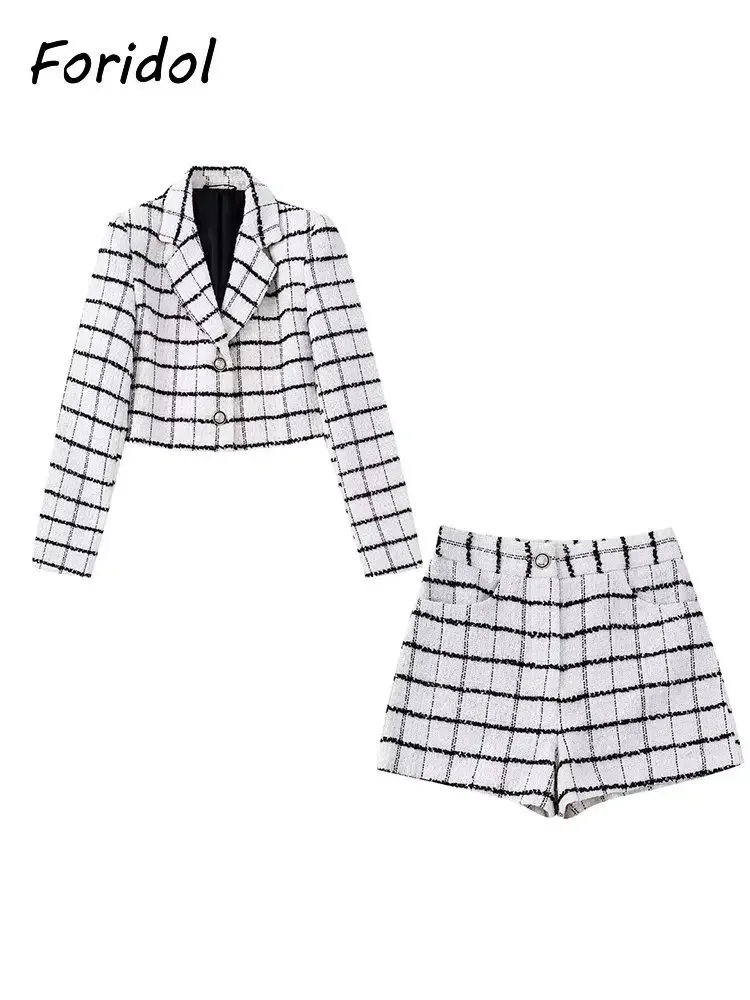 Foridol Plaid White Black Tweed Winter Autumn Female Blazer Suit Office Short Blazer Shorts Set Zipper Button Winter Knitted Top