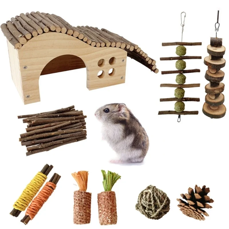 

Hamster Toy Set Birdcage Hanging Toy Handwoven Rattan Ball Hideout House Chew Toy Parrots Climbing Toy Small Animal Gift