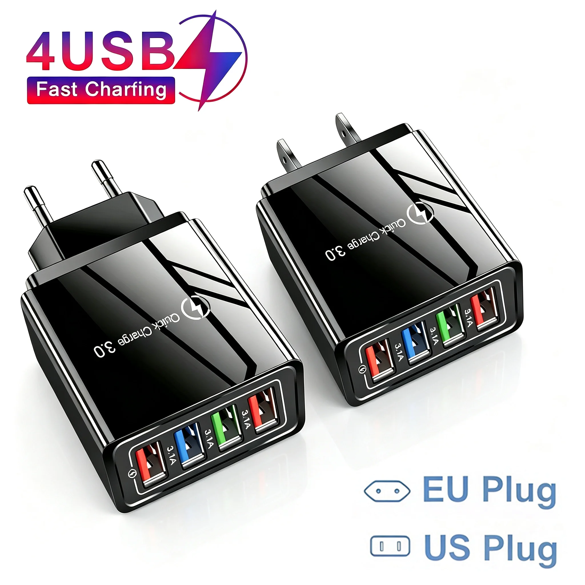 USB Fast Charging Charger 4 Ports USB Quick Charge 3.0 For iPhone Samsung Xiaomi EU/US Plug Mobile Phone Wall Charger Adapter