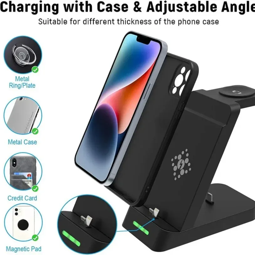 حامل شاحن لاسلكي 3 في 1 لهاتف iPhone 16-12 X Samsung S24 S23 S22 قاعدة شحن سريعة لهاتف Galaxy/Apple Watch AirPods